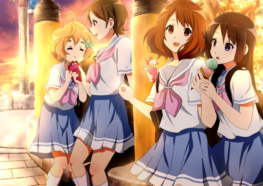 4girls black_hair blonde_hair blue_sailor_collar blue_skirt bow brown_eyes brown_hair closed_eyes closed_mouth eating food green_bow hair_bow hibike!_euphonium holding holding_food ice_cream katou_hazuki kawashima_sapphire kitauji_high_school_uniform komugiko kousaka_reina long_hair multiple_girls neckerchief open_mouth oumae_kumiko outdoors pink_neckwear pink_skirt sailor_collar school_uniform serafuku shirt short_hair short_sleeves skirt smile socks uniform violet_eyes white_legwear white_shirt