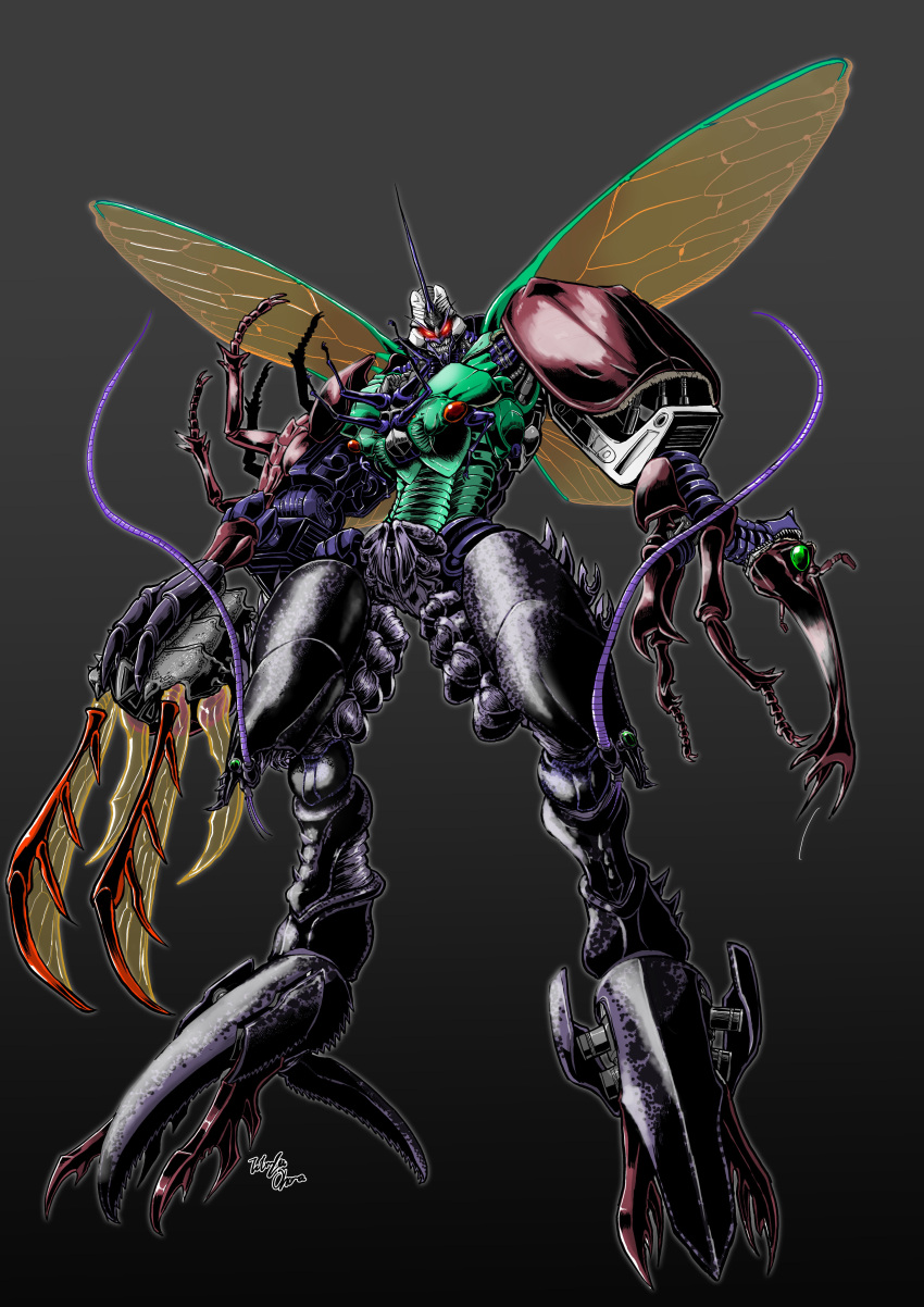 absurdres antennae asymmetrical_armor asymmetrical_arms beast_wars beetle bug cicada claws gattai grey_background highres insect insect_wings lobster mecha oohara_tetsuya organic predacon rhinoceros_beetle sharp_teeth signature teeth transformers tripredacus wings