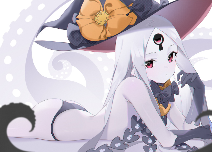 1girl abigail_williams_(fate) absurdres bangs bare_shoulders black_bow black_headwear black_panties bow breasts colored_skin fate/grand_order fate_(series) forehead hat highres keyhole long_hair lying miyu10366 multiple_bows on_stomach orange_bow panties parted_bangs red_eyes small_breasts tentacles third_eye underwear white_hair white_skin witch_hat
