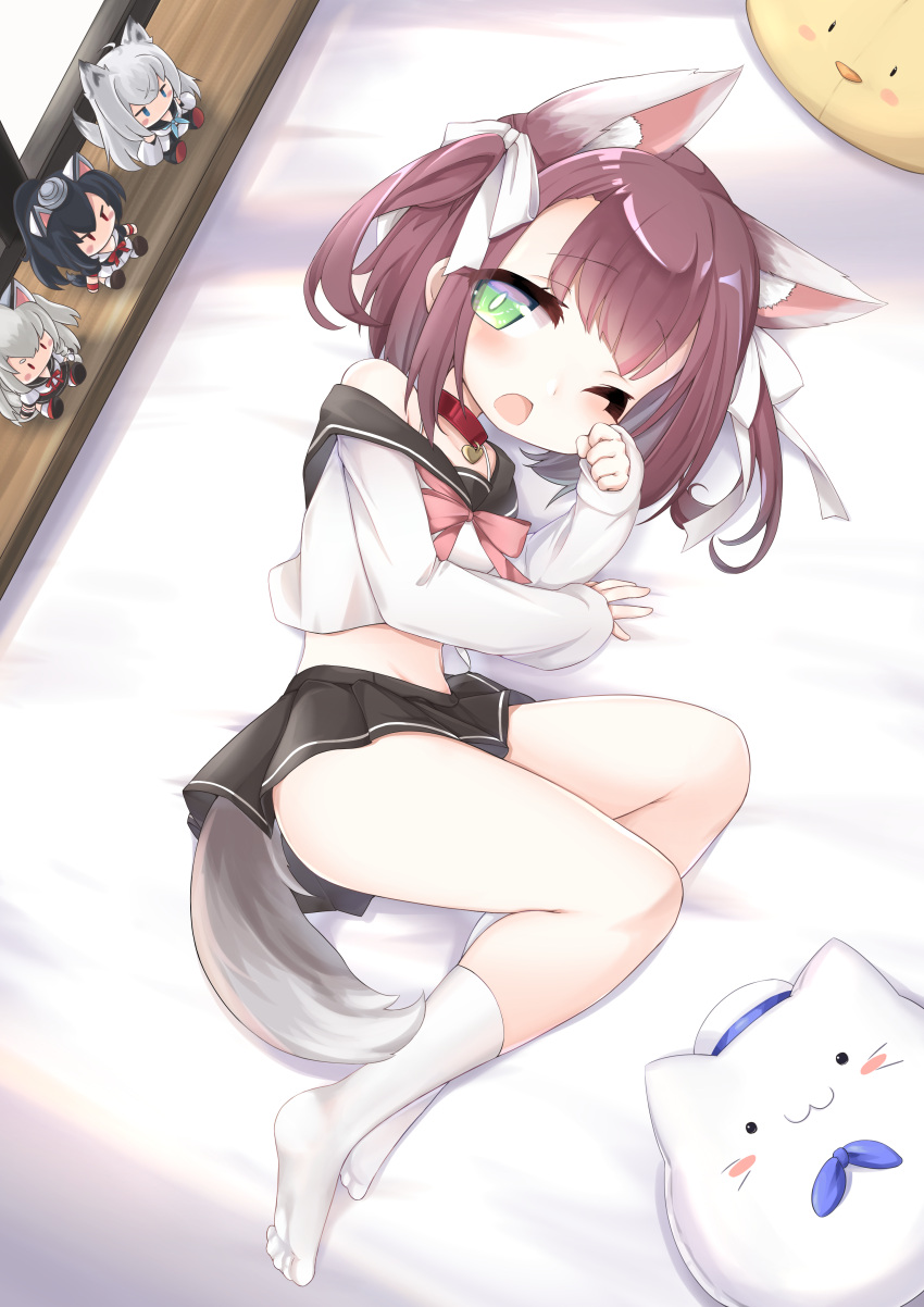 1girl absurdres animal_ear_fluff animal_ears azur_lane bangs black_sailor_collar black_skirt blunt_bangs blush brown_hair character_doll collar collarbone commentary_request crop_top dog_ears dog_tail eyebrows_visible_through_hair from_above full_body green_eyes hair_ribbon heart_collar highres kawakaze_(azur_lane) kinomiki_(tales22) kneehighs long_sleeves looking_at_viewer lying manjuu_(azur_lane) meowfficer_(azur_lane) midriff off_shoulder on_bed on_side one_eye_closed open_mouth pleated_skirt red_collar ribbon rubbing_eyes sailor_collar school_uniform serafuku shigure_(azur_lane) shiratsuyu_(azur_lane) short_hair sidelocks single_bare_shoulder skirt sleeves_past_wrists solo_focus tail two_side_up waking_up white_legwear white_serafuku window windowsill yuudachi_(azur_lane)