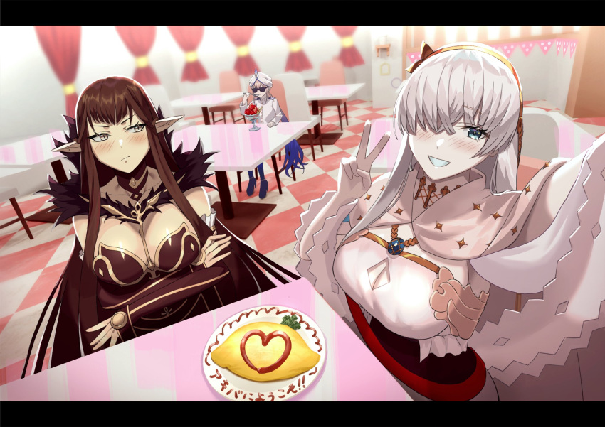 1boy 2girls anastasia_(fate) beppu_mitsunaka breasts brown_hair cafe cape captain_nemo_(fate) crossed_arms fate/grand_order fate_(series) gradient_hair highres large_breasts long_hair multicolored_hair multiple_girls omelet parfait pointy_ears selfie semiramis_(fate) silver_hair smile spoon sunglasses turban twintails v