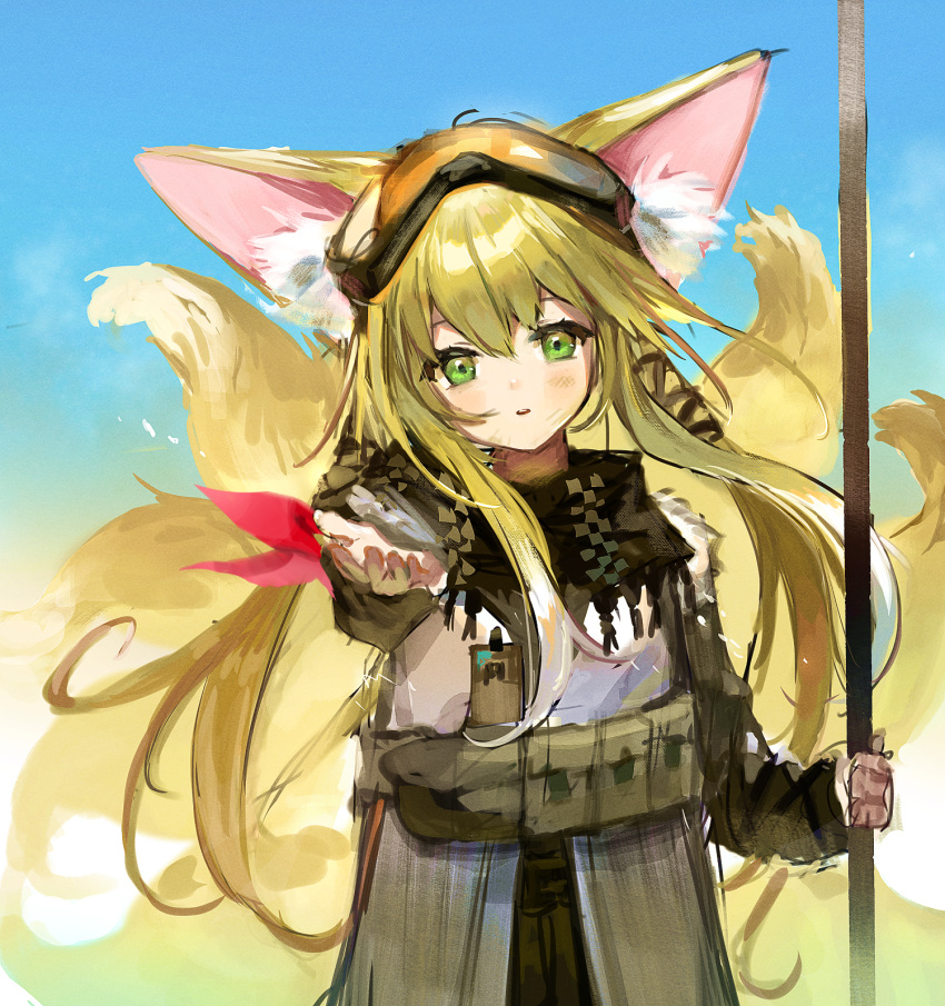 1girl :o animal_ear_fluff animal_ears arknights bangs black_gloves black_scarf blonde_hair clip_studio_paint_(medium) clouds cloudy_sky dirty dirty_face eyewear_on_head fingerless_gloves fox_ears fox_girl fox_tail gloves goggles goggles_on_head green_eyes highres holding holding_staff id_card kyuubi moko_(moko/moko) multiple_tails official_alternate_costume open_mouth scarf sky solo staff suzuran_(arknights) suzuran_(lostlands_flowering)_(arknights) tail upper_body