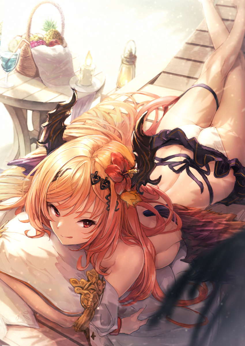 1girl akita_hika ass back bangs bare_shoulders bikini black_wings blush breasts dark_angel_olivia flower granblue_fantasy hibiscus highres horns large_breasts long_hair looking_at_viewer lying on_stomach orange_hair red_eyes smile swept_bangs swimsuit thighs wings