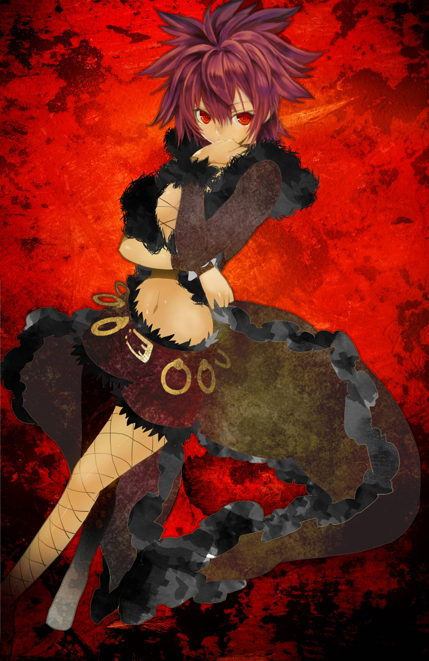 1girl absurdres bangs black_bra bra bracelet brown_jacket brown_shorts commentary_request covering_mouth eyebrows_visible_through_hair feet_out_of_frame fishnet_legwear fishnets fur-trimmed_jacket fur-trimmed_shorts fur_trim hair_between_eyes hand_over_own_mouth highres jacket jakushou_archer jewelry long_sleeves looking_at_viewer pantyhose ragnarok_online red_background red_eyes redhead rogue_(ragnarok_online) short_hair short_shorts shorts solo spiked_bracelet spikes spiky_hair underwear