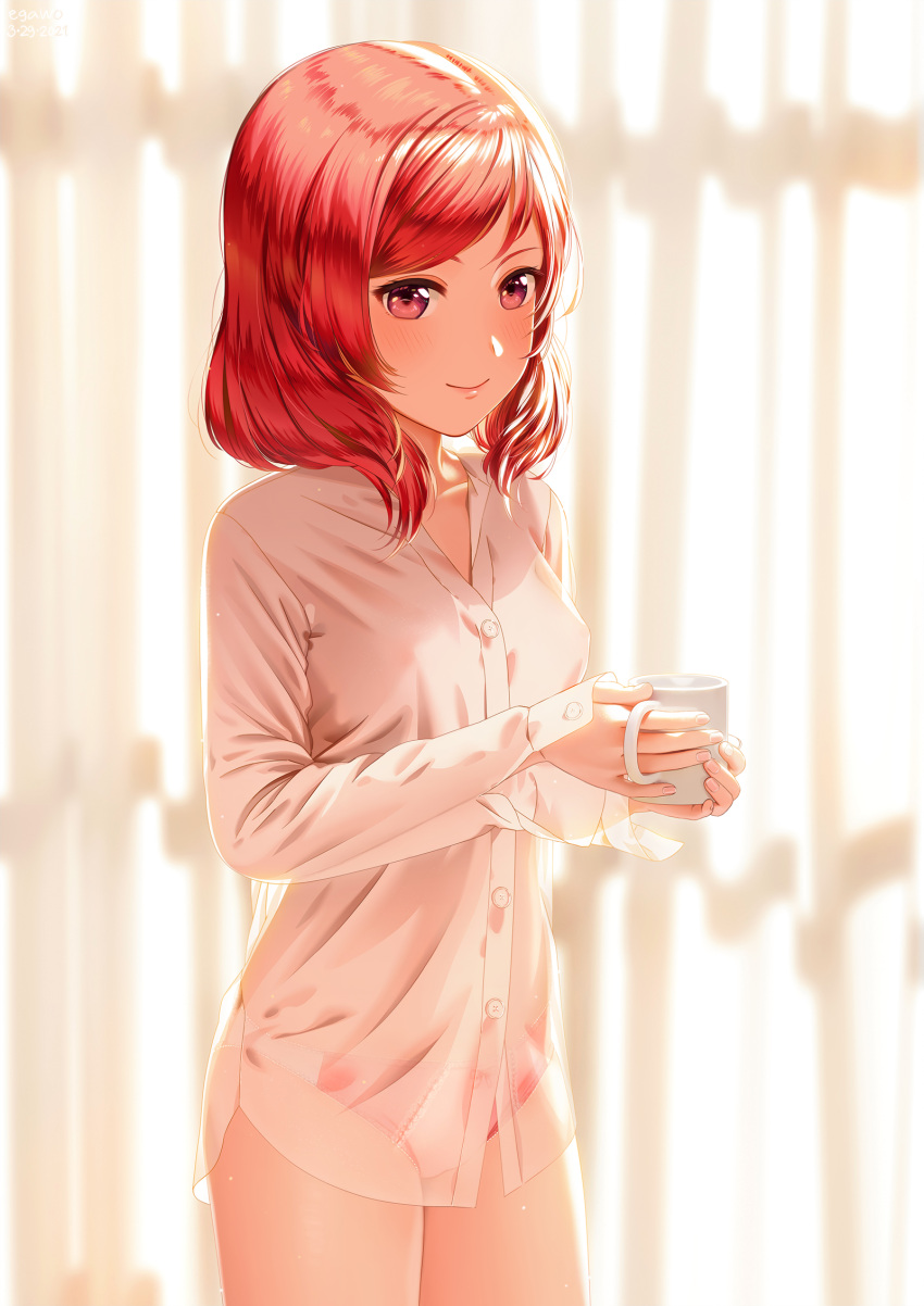 1girl breasts coffee_mug collarbone collared_shirt cup curtains egawo highres holding holding_cup light_blush long_sleeves love_live! love_live!_school_idol_project medium_hair mug nishikino_maki no_pants panties red_panties redhead see-through shirt small_breasts smile solo unbuttoned_sleeves underwear violet_eyes white_shirt