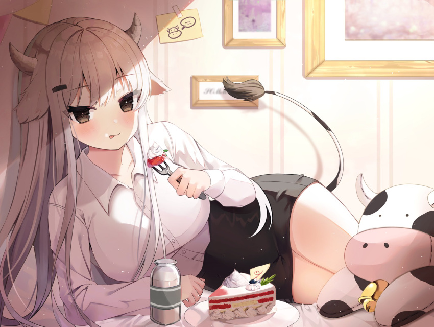 1girl :p animal_ears arm_support bangs black_skirt blush bottle breasts brown_eyes cake cake_slice collared_shirt commentary cow_ears cow_girl cow_horns cow_tail dress_shirt eating eyebrows_visible_through_hair food fork highres holding holding_fork horns indoors large_breasts long_hair long_sleeves looking_at_viewer lying milk_bottle nannung on_side original pencil_skirt plate shirt skirt solo strawberry_cake stuffed_animal stuffed_cow stuffed_toy symbol_commentary tail tongue tongue_out white_hair white_shirt