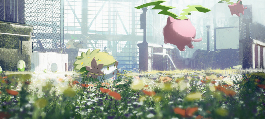 absurdres asteroid_ill budew day fence flower flying gen_2_pokemon gen_4_pokemon grass green_eyes highres hoppip looking_up mythical_pokemon no_humans open_mouth outdoors pokemon pokemon_(creature) shaymin shaymin_(land) standing tongue turtwig