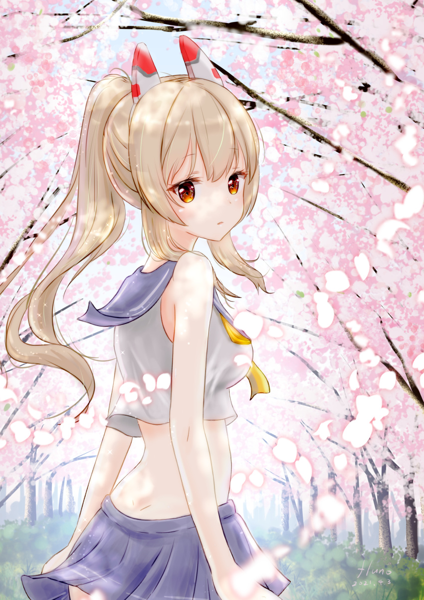 1girl absurdres ayanami_(azur_lane) azur_lane bangs blurry cherry_blossoms commentary_request depth_of_field eyebrows_visible_through_hair fluno from_side headgear highres long_hair looking_at_viewer looking_to_the_side orange_eyes petals pleated_skirt ponytail school_uniform serafuku shade sidelocks silver_hair skirt solo tree wind