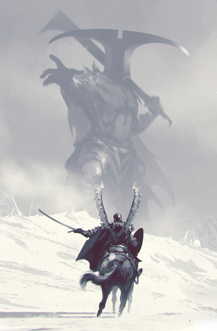 2others absurdres ambiguous_gender animal armor clouds cloudy_sky facing_another facing_away fog from_behind giant hand_up helmet highres holding holding_shield holding_sword holding_weapon horse kalmahul knight multiple_others original over_shoulder scenery shield size_difference sky snow sword weapon weapon_over_shoulder