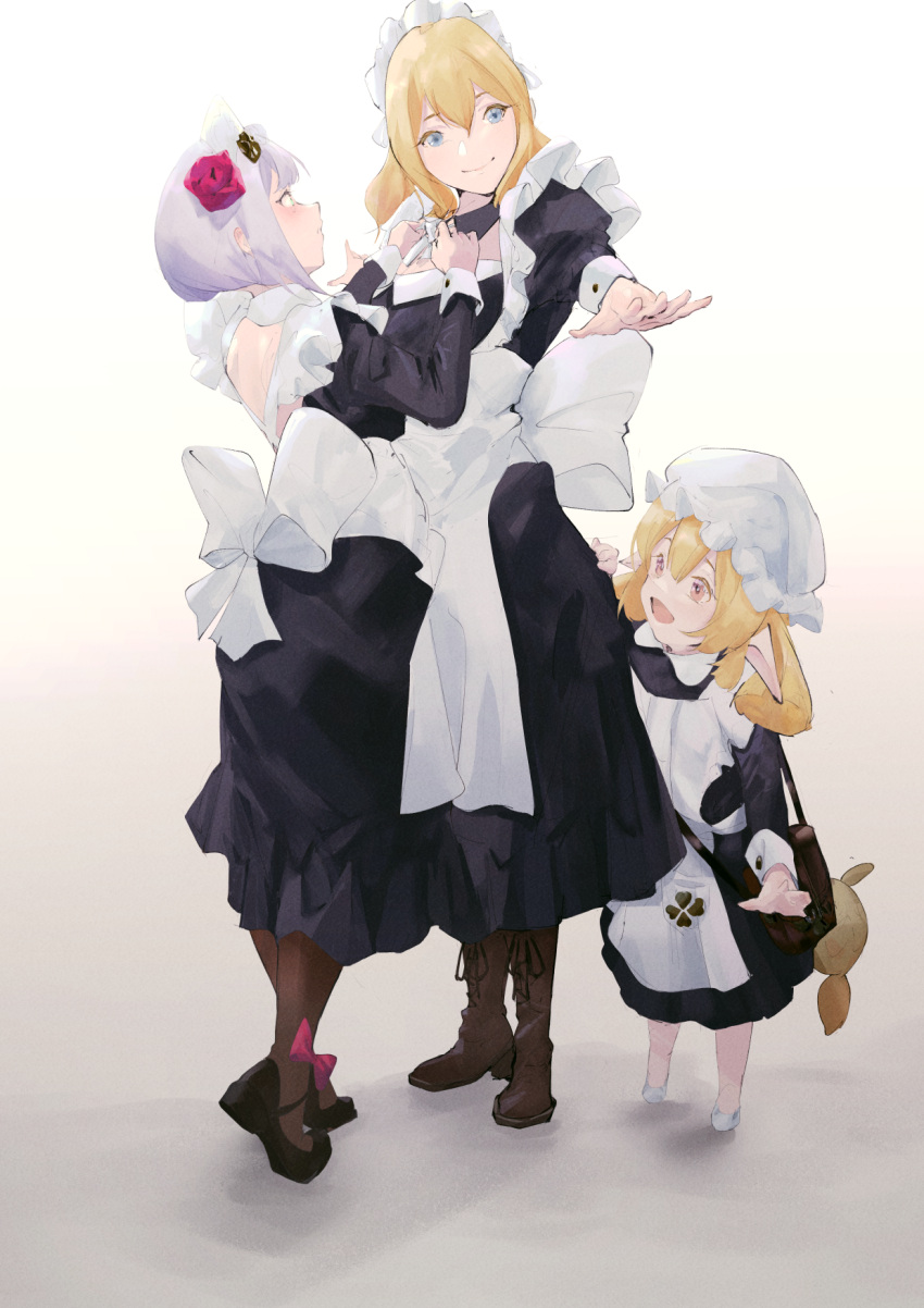 3girls alternate_costume apron black_footwear blonde_hair blue_eyes boots brown_footwear brown_legwear chinese_commentary closed_mouth commentary_request cross-laced_footwear enmaided genshin_impact green_eyes highres jean_gunnhildr_(genshin_impact) juliet_sleeves klee_(genshin_impact) knee_boots long_sleeves low_twintails maid maid_apron maid_headdress mary_janes multiple_girls noelle_(genshin_impact) open_mouth orange_eyes pantyhose pond puffy_sleeves red_ribbon ribbon shoes smile tiptoes twintails white_footwear white_hair zhenxuankuang