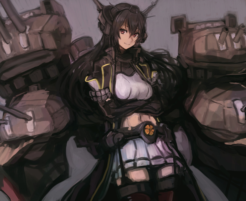 1girl absurdres bangs black_gloves black_hair breasts cape closed_mouth crossed_arms gloves grey_background hair_between_eyes headgear highres huge_filesize kantai_collection long_hair medium_breasts moor nagato_(kancolle) navel pleated_skirt red_eyes remodel_(kantai_collection) rigging simple_background skirt solo thigh-highs white_skirt