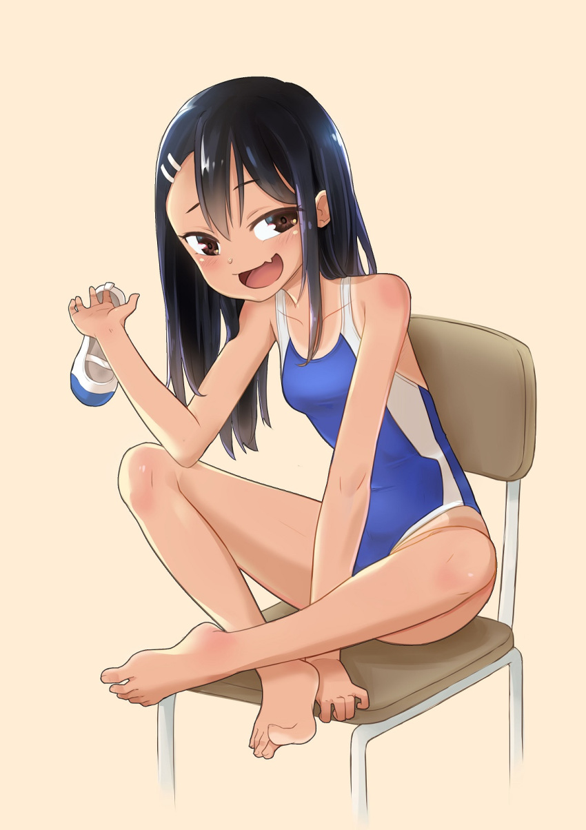 barefoot beige_background black_hair blue_swimsuit brown_eyes chair competition_swimsuit dark_skin dark-skinned_female fang feet full_body highres ijiranaide_nagatoro-san long_hair nagatoro_hayase one-piece_swimsuit one-piece_tan open_mouth shoes shoes_removed simple_background sitting skin_fang smile swimsuit tan tanline uwabaki yuze