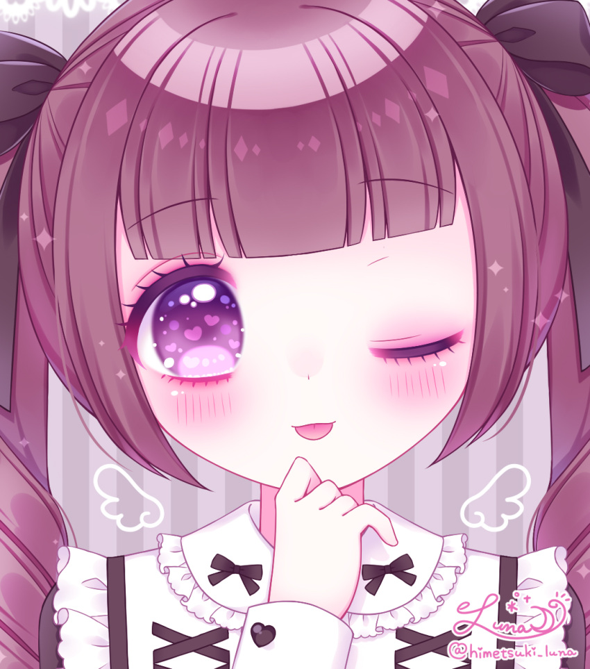 1girl ;p bangs black_bow black_dress blush bow brown_hair closed_mouth dress eyebrows_visible_through_hair hair_bow hand_up heart heart_in_eye highres himetsuki_luna long_hair long_sleeves looking_at_viewer one_eye_closed original puffy_long_sleeves puffy_sleeves ringlets signature sleeves_past_wrists smile solo striped striped_background symbol_in_eye tongue tongue_out twintails twitter_username vertical_stripes violet_eyes