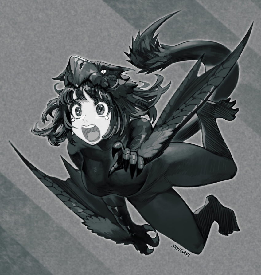 1girl bodysuit breasts claws commentary_request cosplay glowing glowing_eyes greyscale highres jun_(seojh1029) medium_hair monochrome monster_hunter_(series) nargacuga open_mouth signature simple_background solo tail tearing_up wings