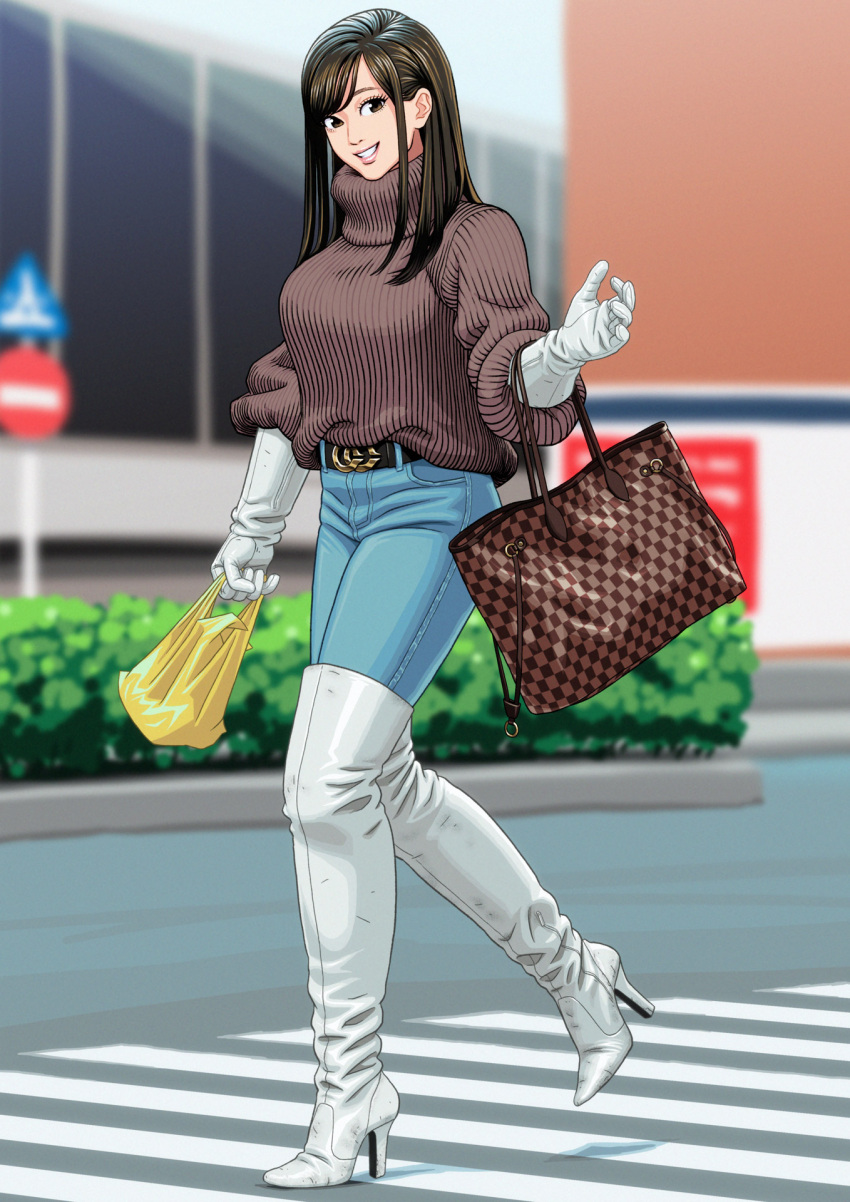 1girl bag belt belt_buckle black_belt blue_pants boots brown_hair buckle crosswalk denim elbow_gloves enkaboots gloves handbag hedge_(plant) high_heel_boots high_heels highres jeans long_hair looking_at_viewer original outdoors pants pants_tucked_in plastic_bag road_sign sign smile solo sweater thigh-highs thigh_boots turtleneck turtleneck_sweater walking white_footwear white_gloves yellow_bag