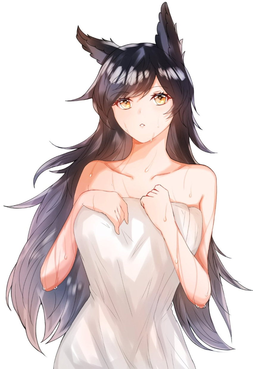 1girl animal_ears atago_(azur_lane) azur_lane bare_shoulders black_hair breasts highres large_breasts long_hair naked_towel simple_background solo spicyy towel white_apron white_background yellow_eyes