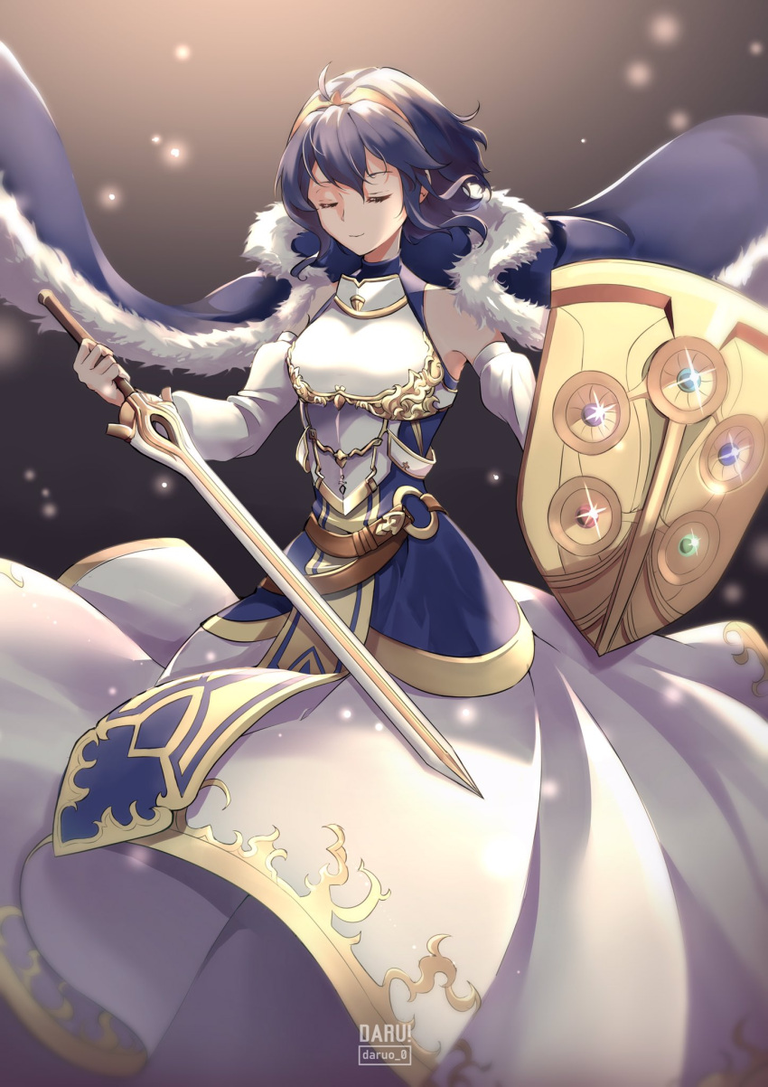 1girl ahoge alternate_costume armor armored_dress artist_name bangs bare_shoulders blue_cape blue_dress blue_hair cape closed_eyes closed_mouth collared_dress commentary commission cosplay daru detached_sleeves dress english_commentary falchion_(fire_emblem) fire_emblem fire_emblem_awakening floating_hair fur-trimmed_cape fur_trim hair_between_eyes hair_ornament highres holding holding_shield holding_sword holding_weapon light_particles lucina_(fire_emblem) lucina_(fire_emblem)_(cosplay) morgan_(fire_emblem) morgan_(fire_emblem)_(female) multicolored multicolored_clothes shield short_hair signature sleeveless sleeveless_dress smile solo sword tiara weapon white_dress