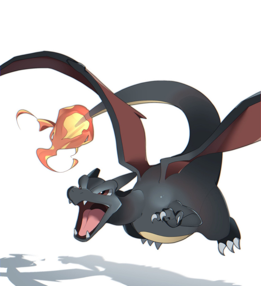 alternate_color alu_drp brown_eyes charizard claws commentary_request fangs fire flame flying gen_1_pokemon highres open_mouth pokemon shiny_pokemon simple_background solo tongue white_background