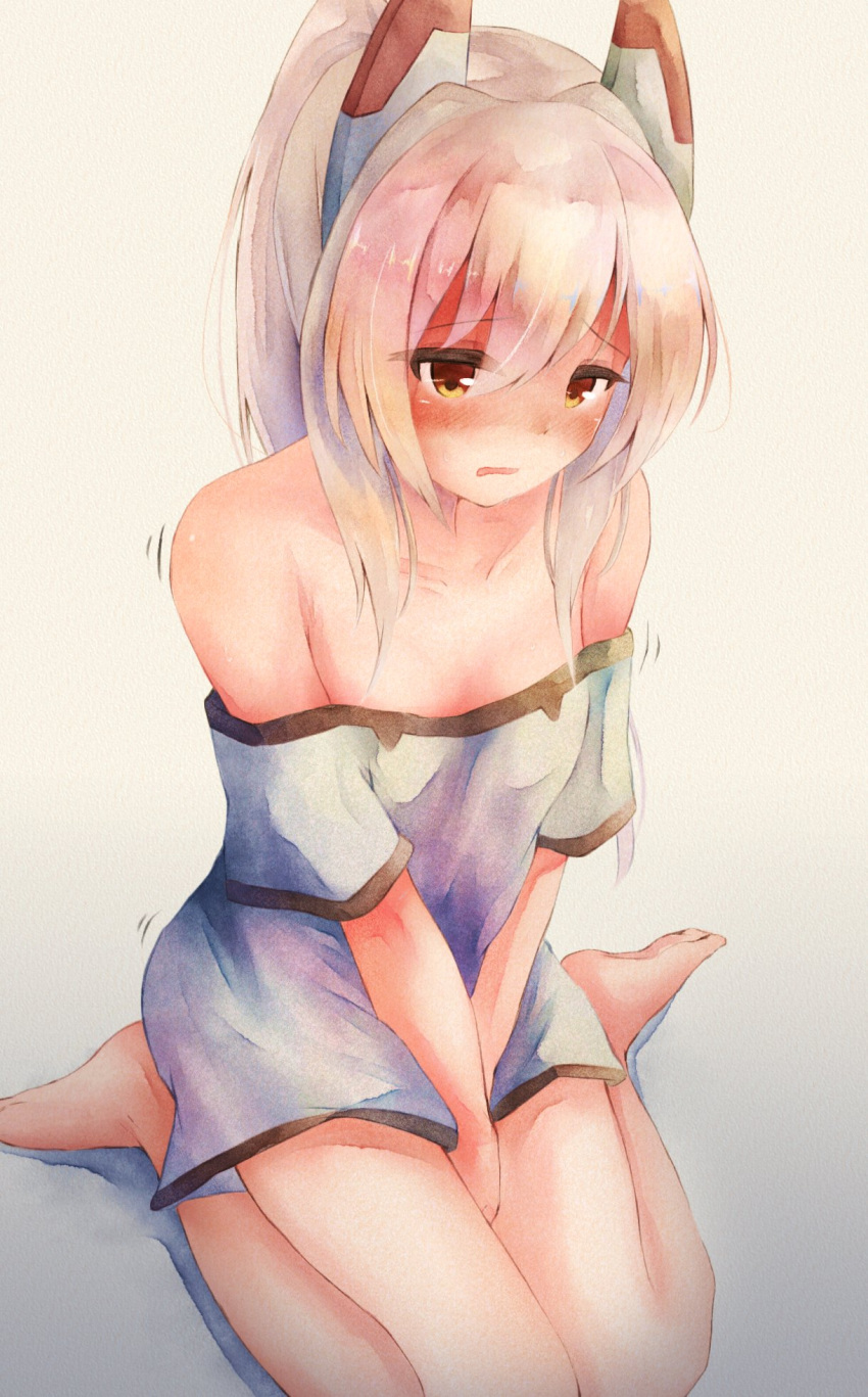 1girl ayanami_(azur_lane) azur_lane bangs bare_shoulders barefoot between_legs blonde_hair blush breasts collarbone commentary_request embarrassed eyebrows_visible_through_hair feet gradient gradient_background hair_between_eyes half-closed_eyes hand_between_legs hands_together have_to_pee headgear highres jpeg_artifacts long_hair looking_at_viewer motion_lines nose_blush off-shoulder_shirt off_shoulder open_mouth oversized_clothes oversized_shirt ponytail seiza shiny shiny_hair shirt short_sleeves sidelocks simple_background sitting small_breasts solo sweat tied_hair v_arms watakarashi white_shirt yellow_background yellow_eyes