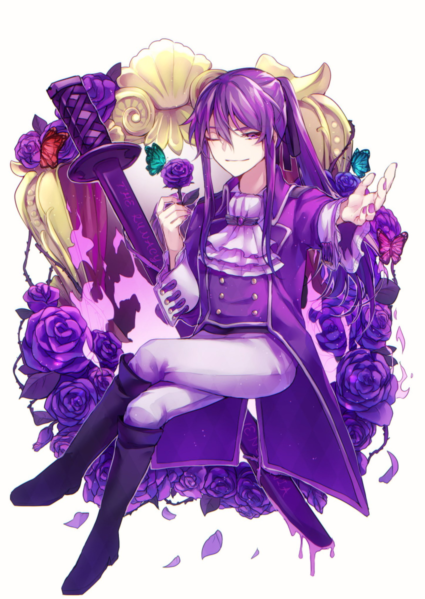 1boy aqua_butterfly aryuma772 black_footwear boots bug butterfly cravat curtains evillious_nendaiki fire flower green_butterfly hair_ribbon highres insect jacket kamui_gakupo katana kneehighs long_hair looking_at_viewer one_eye_closed petals pink_butterfly ponytail purple_blood purple_fire purple_flower purple_hair purple_jacket purple_nails purple_rose red_butterfly ribbon rose runes sateriasis_venomania sidelocks sitting smile solo sword thorns venom_sword venomania_kou_no_kyouki_(vocaloid) vessel_of_sin vocaloid weapon