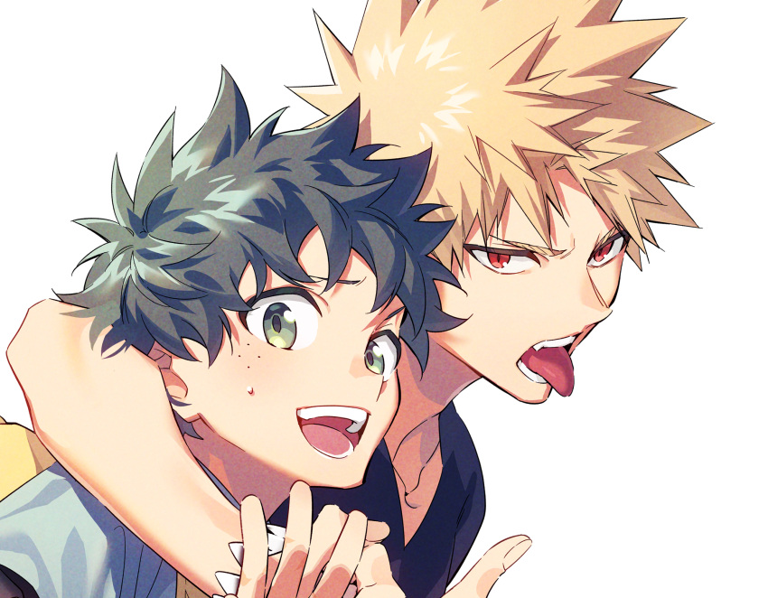 2boys arm_around_neck bakugou_katsuki bangs black_shirt blonde_hair boku_no_hero_academia freckles green_eyes hegi highres looking_at_viewer male_focus midoriya_izuku multiple_boys open_mouth red_eyes shirt short_hair short_sleeves spiky_hair sweatdrop teeth tongue tongue_out upper_body v-neck