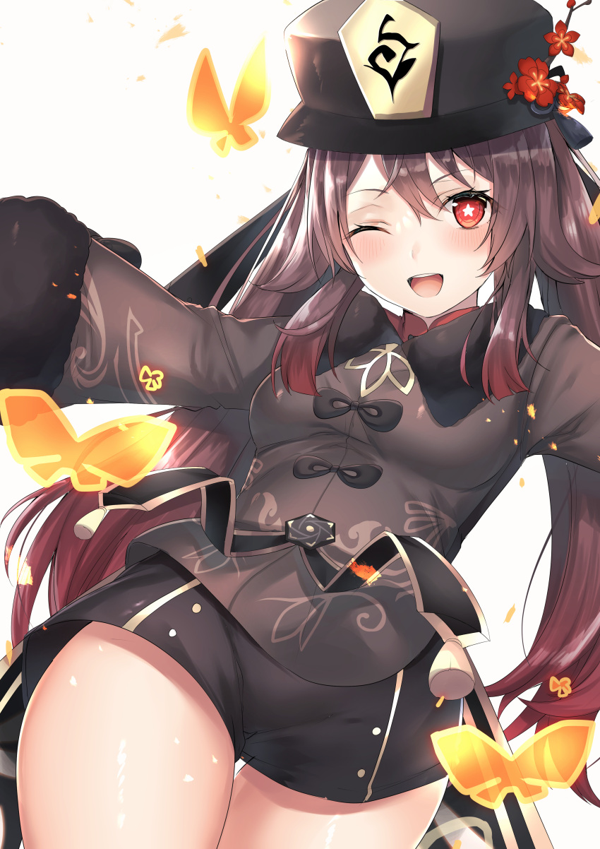 1girl absurdres bangs black_coat black_headwear black_shorts blush breasts brown_hair coat coattails flower fou_(ssqseeker) genshin_impact hat hat_flower highres hu_tao long_hair long_sleeves looking_at_viewer plum_blossoms red_eyes shorts small_breasts symbol-shaped_pupils thighs twintails very_long_hair