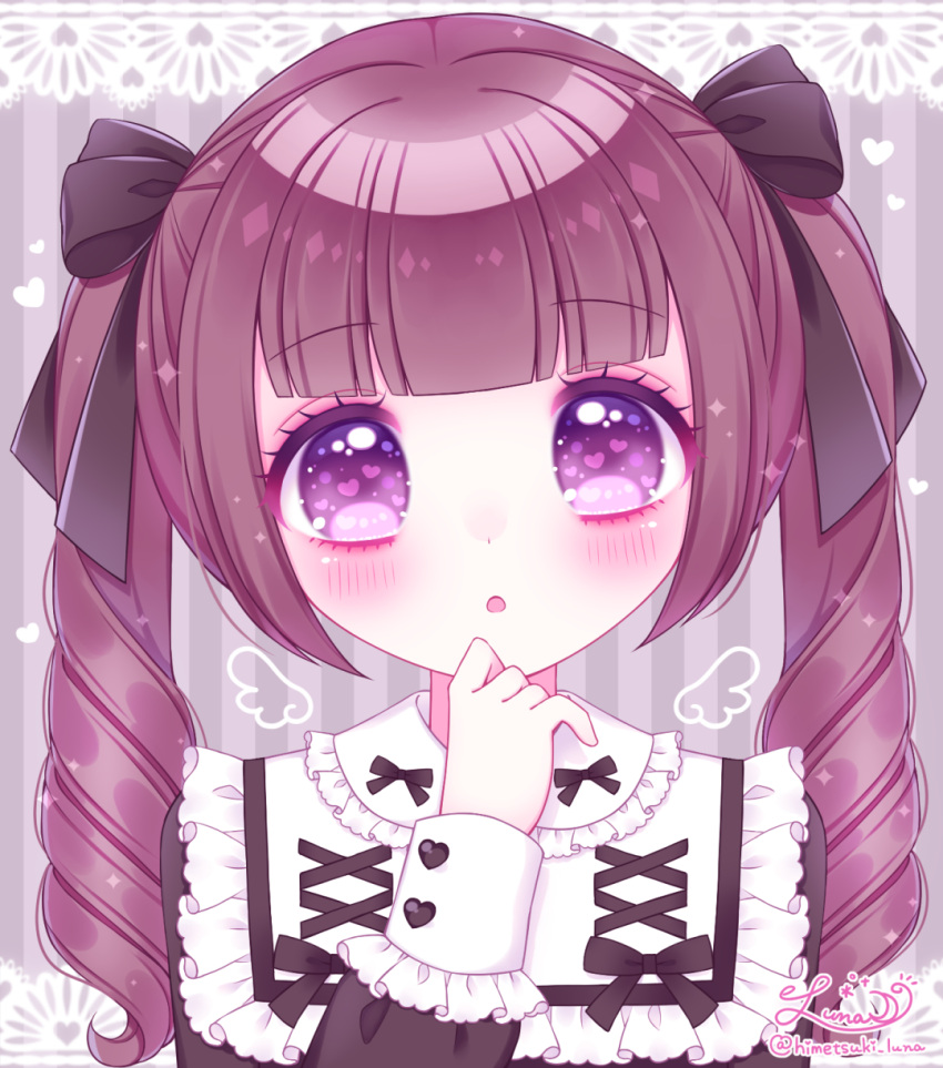 1girl :o bangs black_bow black_dress blush bow brown_hair commentary_request dress eyebrows_visible_through_hair hair_bow hand_up heart heart_in_eye highres himetsuki_luna long_hair long_sleeves looking_at_viewer original parted_lips puffy_long_sleeves puffy_sleeves ringlets signature sleeves_past_wrists solo striped striped_background symbol_in_eye twintails twitter_username vertical_stripes violet_eyes