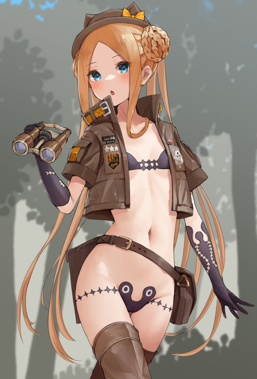 1girl abigail_williams_(fate) abigail_williams_(swimsuit_foreigner)_(fate) absurdres bangs belt bikini binoculars black_bikini blonde_hair blue_eyes blush boots braid braided_bun breasts brown_footwear brown_headwear brown_jacket collarbone cropped_jacket double_bun fate/grand_order fate_(series) forehead hat highres jacket kopaka_(karda_nui) long_hair looking_at_viewer navel open_clothes open_jacket open_mouth parted_bangs pouch short_sleeves sidelocks small_breasts solo swimsuit thigh-highs thigh_boots thighs twintails very_long_hair