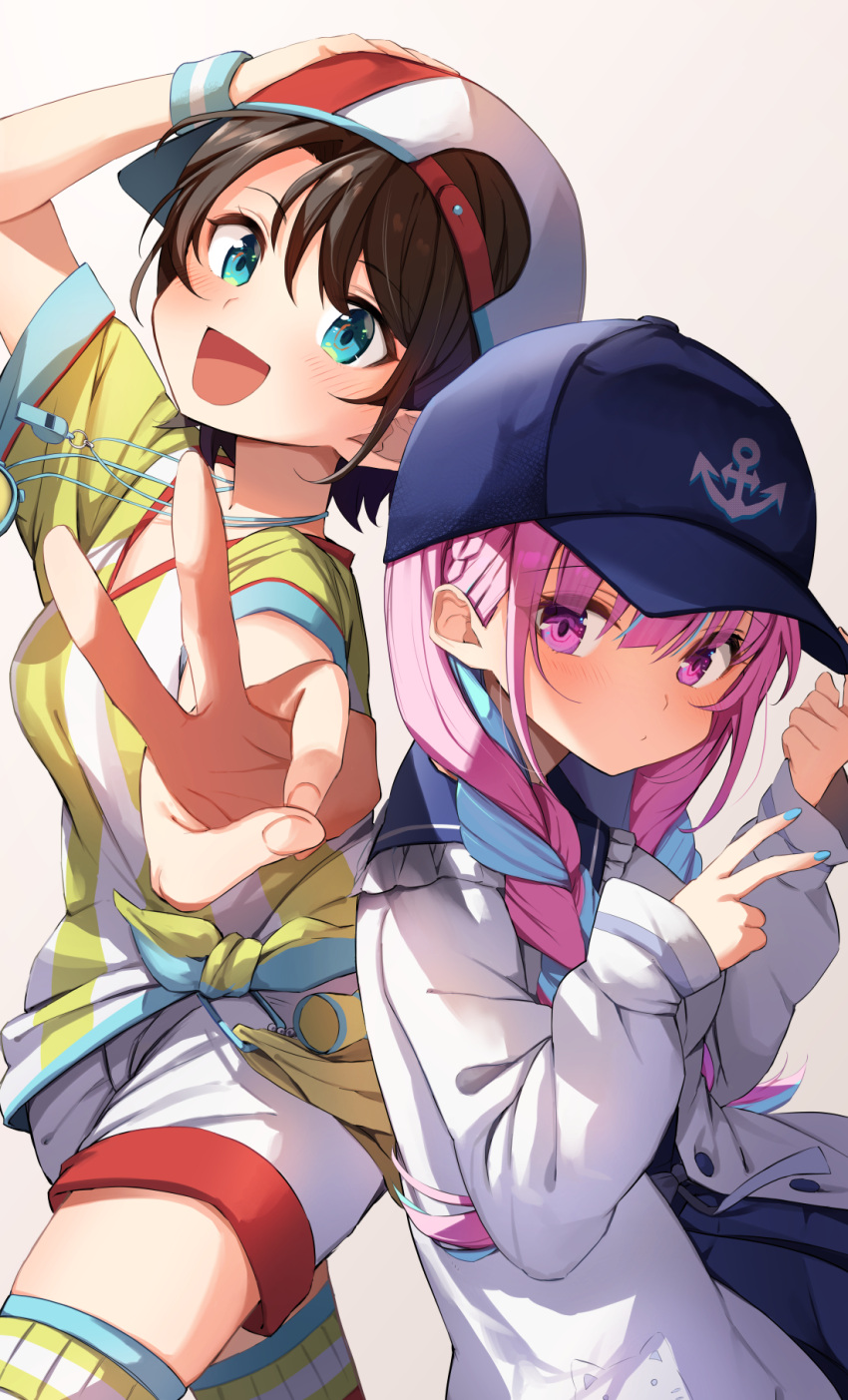 2girls alternate_costume anchor_symbol backwards_hat bangs blue_eyes blue_nails blunt_bangs blush braid breasts brown_hair colored_inner_hair commentary_request cowboy_shot eyebrows_visible_through_hair french_braid hand_on_headwear hand_up hat highres hololive jacket jersey long_sleeves looking_at_viewer medium_breasts minato_aqua multicolored_hair multiple_girls oozora_subaru open_mouth pink_eyes pink_hair shirt short_sleeves shorts sidelocks simple_background soccer_uniform sportswear striped striped_shirt summer_tail720 tan_background tied_shirt twin_braids two-tone_hair upper_body v virtual_youtuber white_jacket white_shirt white_shorts yellow_shirt