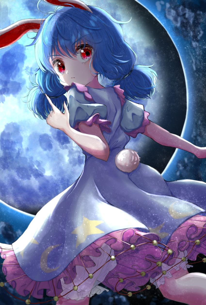 1girl animal_ears bangs bloomers blue_dress blue_hair bunny_tail clouds cloudy_sky dress eyebrows_visible_through_hair feet_out_of_frame full_moon hand_up highres index_finger_raised kayon_(touzoku) long_hair looking_at_viewer looking_back low_twintails moon night night_sky puffy_short_sleeves puffy_sleeves rabbit_ears red_eyes seiran_(touhou) short_sleeves sky solo tail touhou twintails underwear v-shaped_eyebrows white_bloomers
