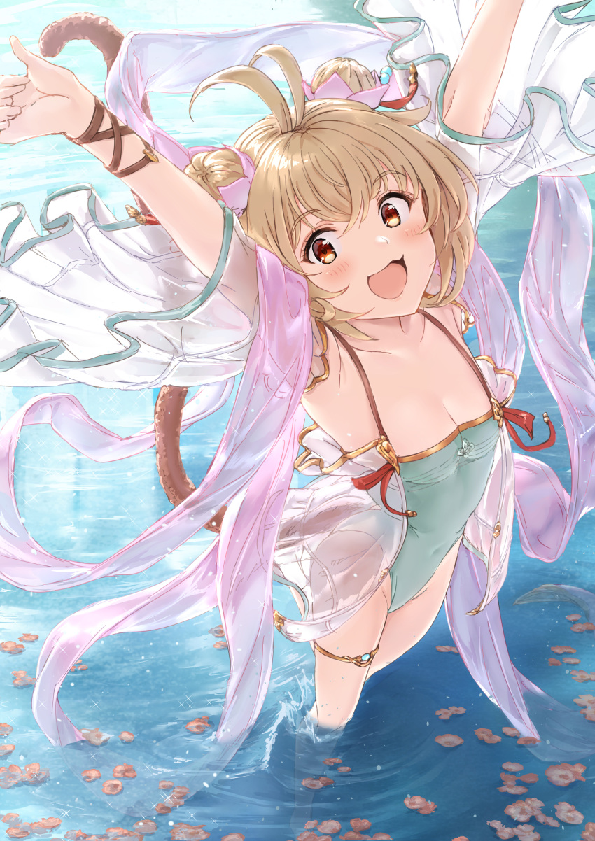 1girl absurdres akita_hika andira_(granblue_fantasy) animal_ears antenna_hair armpits arms_up bangs bare_shoulders blonde_hair blush breasts collarbone covered_navel erune granblue_fantasy green_swimsuit highleg highleg_swimsuit highres looking_at_viewer monkey_ears monkey_girl monkey_tail one-piece_swimsuit open_mouth orange_eyes shawl short_hair small_breasts smile swimsuit tail thighlet thighs two_side_up wading water wet