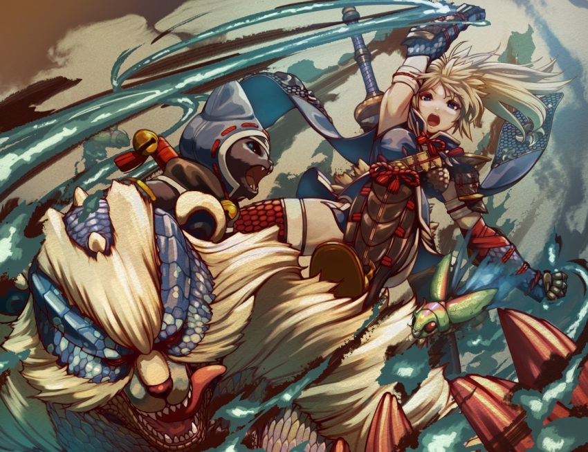 1girl 2others armor bangs blush breasts canyne cat dog eyebrows_visible_through_hair fangs felyne gloves hair_between_eyes headband japanese_clothes kamura_(armor) kanrinin_(gyfp4747) long_hair looking_at_viewer monster_hunter_(series) monster_hunter_rise multiple_others ponytail riding short_hair simple_background sword thigh-highs weapon weapon_on_back white_hair wolf