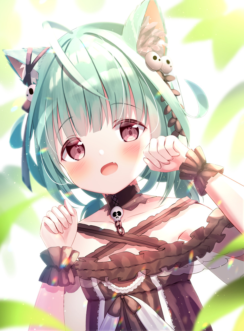 1girl :d absurdres ahoge animal_ears anzu_yotsuba bangs bare_shoulders black_dress blush cat_ears collarbone detached_collar dress ear_ribbon fang frilled_dress frilled_straps frills green_hair hair_ornament hair_ribbon highres hololive looking_at_viewer low_twintails off-shoulder_dress off_shoulder open_mouth paw_pose red_eyes ribbon see-through_sleeves short_hair short_sleeves short_twintails skull_hair_ornament smile solo twintails upper_body uruha_rushia virtual_youtuber wristband
