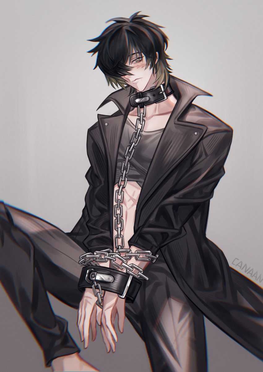 1boy absurdres barefoot black_hair black_jacket black_pants chain chained_wrists collar collarbone feet_out_of_frame grey_background highres jacket looking_at_viewer male_focus mao_mao_wansui medium_hair pants scar scar_on_chest simple_background slow_damage towa_(slow_damage)