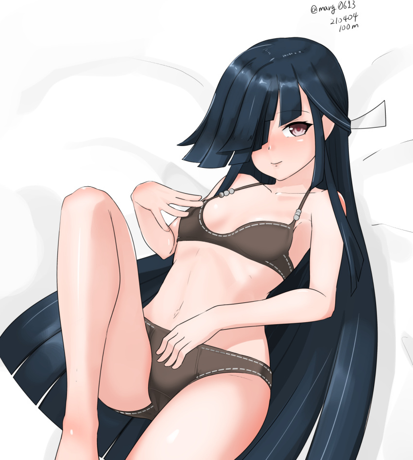 1girl black_bra black_hair black_panties bra breasts brown_eyes cowboy_shot dated hair_over_one_eye hair_ribbon hayashimo_(kancolle) highres hime_cut kantai_collection long_hair maru_(marg0613) panties ribbon sitting small_breasts solo twitter_username underwear underwear_only very_long_hair white_background white_ribbon