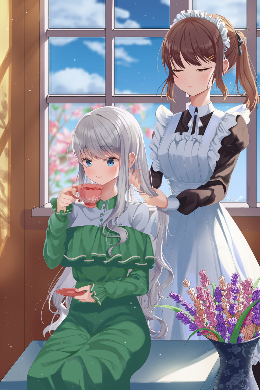 2girls absurdres alternate_costume apron blue_eyes blush brown_hair cherry_blossoms closed_eyes cup dress enmaided eyebrows_visible_through_hair flower green_dress grey_hair highres huge_filesize indoors long_dress long_hair maid maid_apron maid_headdress multiple_girls original pinafore_dress ponytail ron_me_s2 sidelocks silver_hair sitting standing teacup window