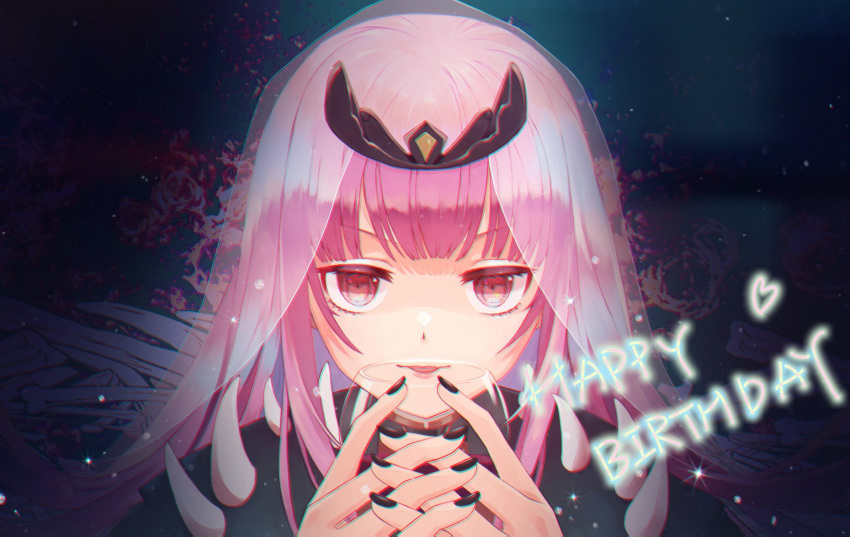 1girl bangs black_cape black_nails cape chami_(charming621) cup drinking_glass eyebrows_behind_hair happy_birthday heart highres holding holding_cup hololive hololive_english long_hair looking_at_viewer mori_calliope parted_lips pink_eyes pink_hair solo spikes tiara upper_body v-shaped_eyebrows veil virtual_youtuber wine_glass