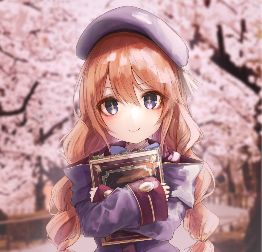 1girl absurdres beret blue_eyes blue_hair blurry blurry_background blush book bookmark cherry_blossoms closed_mouth eyebrows_visible_through_hair hair_between_eyes hat highres hiki_niito holding holding_book long_hair looking_at_viewer object_hug orange_hair outdoors princess_connect! princess_connect!_re:dive sleeves_past_wrists smile solo tree twintails uniform upper_body yellow_pupils yuni_(princess_connect!)