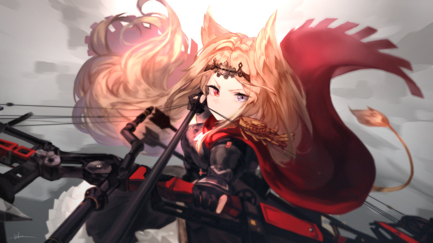 1girl absurdres aiming animal_ears archetto_(arknights) arknights arrow_(projectile) backlighting black_dress black_gloves blonde_hair bow_(weapon) breasts cape circlet dress gloves heterochromia highres holding holding_bow_(weapon) holding_weapon huge_filesize libiadan long_hair looking_at_viewer medium_breasts partially_fingerless_gloves red_cape red_eyes signature solo tail v-shaped_eyebrows very_long_hair violet_eyes weapon