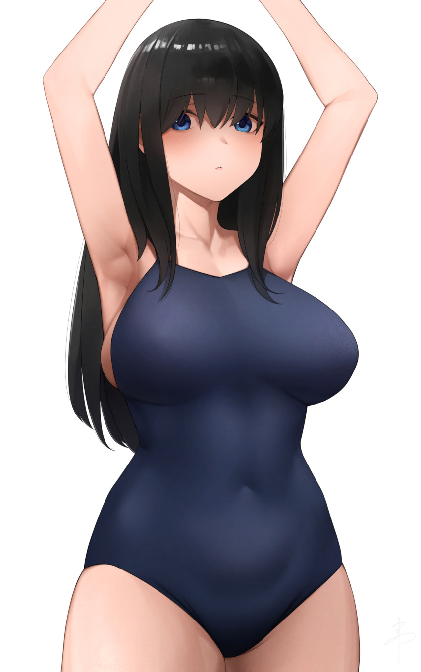 1girl arms_up bangs black_hair blue_eyes breasts covered_navel highres idolmaster idolmaster_cinderella_girls large_breasts long_hair looking_at_viewer one-piece_swimsuit sagisawa_fumika school_swimsuit senju_(snz0) simple_background solo swimsuit white_background