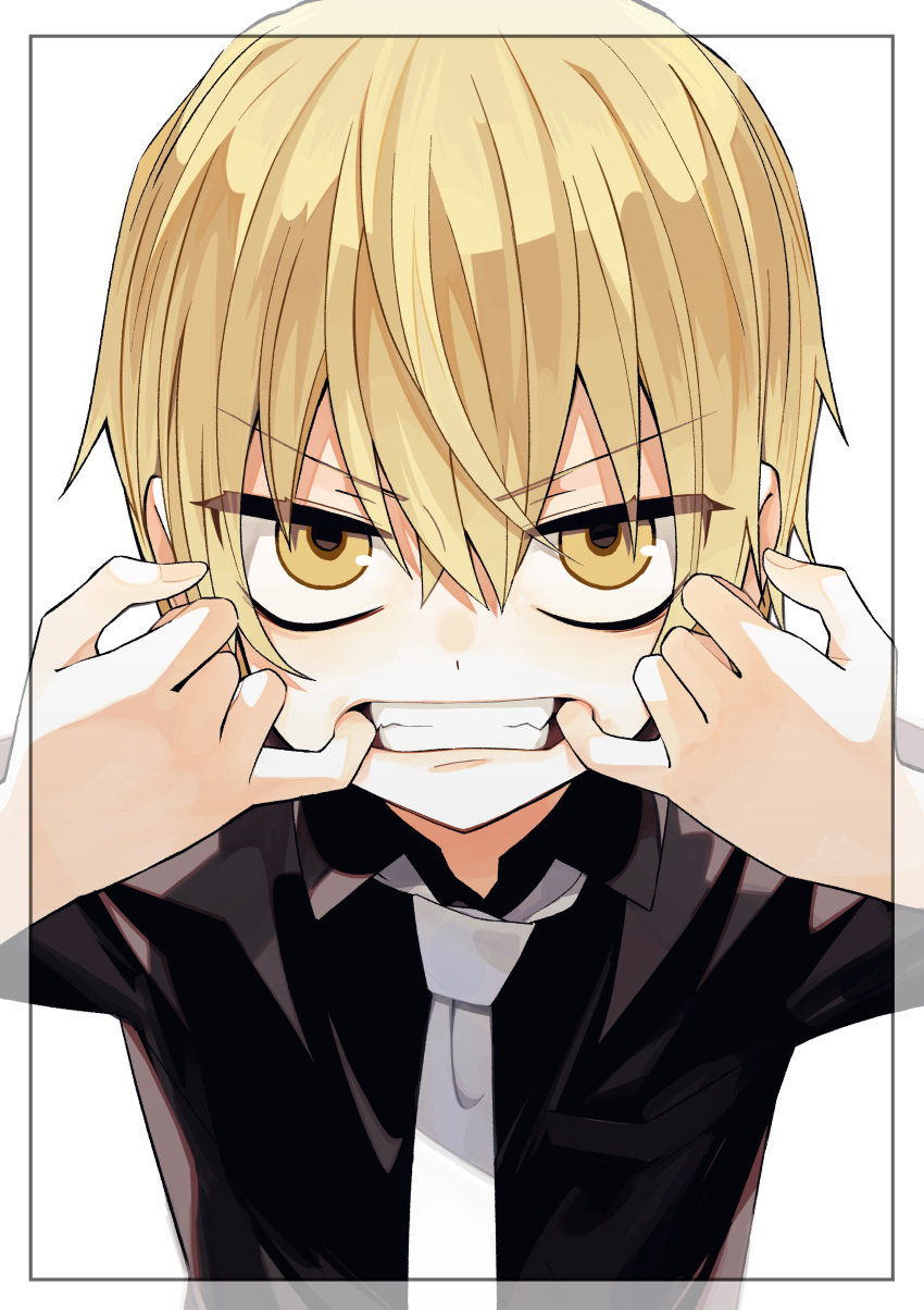 1girl absurdres black_shirt blonde_hair collared_shirt cover_image eyebrows_visible_through_hair framed glaring hair_between_eyes highres looking_at_viewer mouth_pull necktie ningiyau official_art schoolzone shirt short_hair simple_background solo sugiura_kei upper_body white_background white_neckwear yellow_eyes