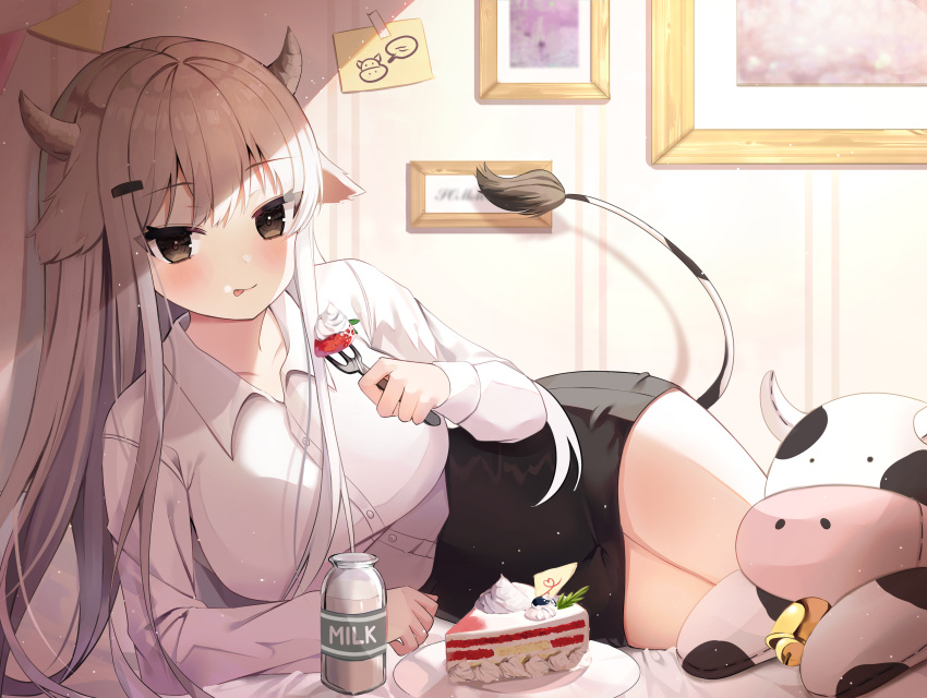 1girl :p absurdres animal_ears arm_support bangs black_skirt blush bottle breasts brown_eyes cake cake_slice collared_shirt commentary cow_ears cow_girl cow_horns cow_tail dress_shirt eating eyebrows_visible_through_hair food fork highres holding holding_fork horns indoors large_breasts long_hair long_sleeves looking_at_viewer lying milk_bottle nannung on_side original pencil_skirt plate shirt skirt solo strawberry_cake stuffed_animal stuffed_cow stuffed_toy symbol_commentary tail tongue tongue_out white_hair white_shirt