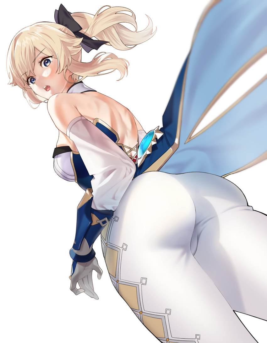 1girl ass back bangs bare_shoulders blonde_hair blue_eyes blush bow breasts gauntlets genshin_impact hair_bow highres jean_gunnhildr_(genshin_impact) jewelry large_breasts long_hair looking_at_viewer looking_back open_mouth pants pendant ponytail sidelocks sino42 thighs tight tight_pants vision_(genshin_impact) white_pants