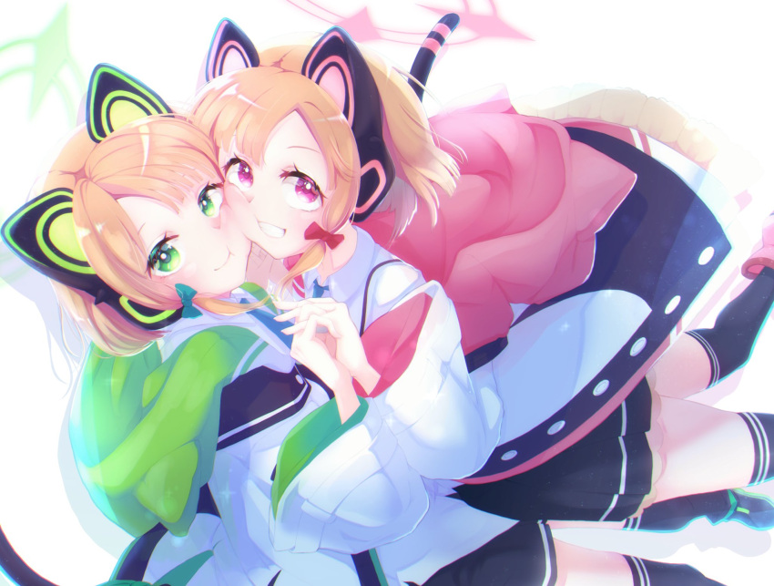2girls blue_archive cat_ear_headphones cat_tail cheek-to-cheek green_eyes hair_ribbon halo headphones highres holding_hands jacket looking_at_viewer midori_(blue_archive) momoi_(blue_archive) multiple_girls red_eyes ribbon school_uniform shi0n_krbn siblings sidelocks smile tail thigh-highs twins twintails white_background