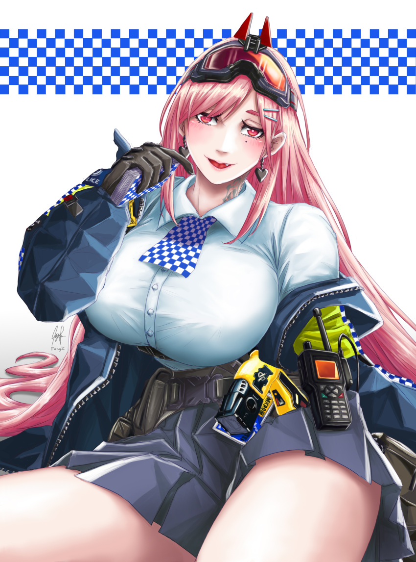 1girl absurdres bangs belt black_gloves blue_jacket blue_skirt breasts card earrings eyebrows_visible_through_hair eyewear_on_head fangz girls_frontline gloves heart heart_earrings highres holding holding_card jacket jewelry large_breasts long_hair looking_at_viewer mole mole_under_eye neck_tattoo open_clothes open_jacket open_mouth pink_eyes pink_hair police police_uniform shirt sig_mcx_(girls_frontline) simple_background sitting skirt solo taser tattoo uniform walkie-talkie white_shirt