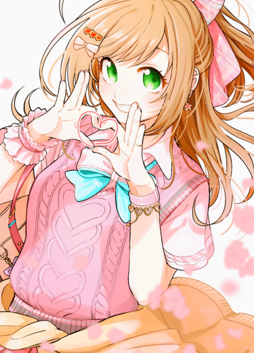 1girl ahoge arms_up ayum_k bag bangs blonde_hair blurry blurry_foreground blush bow bowtie bracelet cherry_blossoms clothes_around_waist depth_of_field earrings green_eyes grin hair_bow hair_ornament heart heart_hands highres idolmaster idolmaster_cinderella_girls jewelry looking_at_viewer petals pink_shirt pink_vest ponytail ring satou_shin school_bag school_uniform shirt short_sleeves sidelocks simple_background smile solo upper_body vest watch watch white_background wrist_cuffs