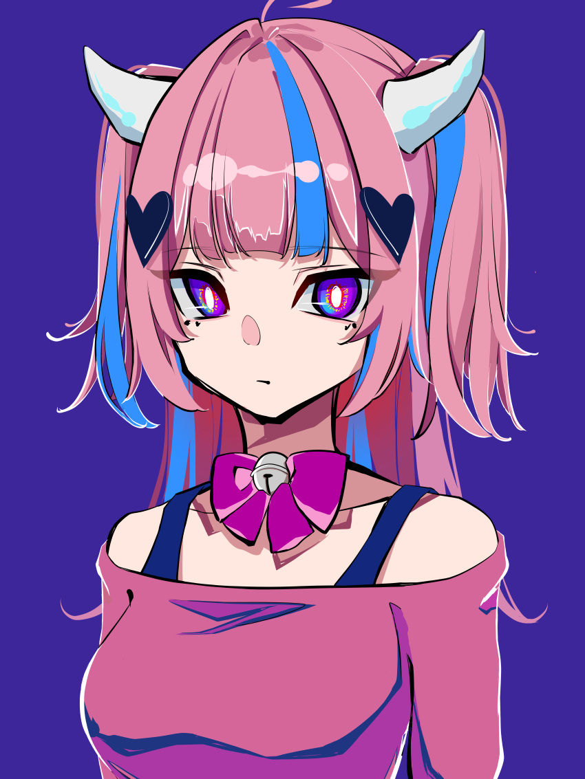 1girl absurdres bangs blue_hair bow breasts bright_pupils collarbone expressionless hair_ornament heart heart_hair_ornament highres horns ironmouse looking_at_viewer medium_breasts multicolored_hair natsume_hinako off-shoulder_shirt off_shoulder pink_hair pink_shirt purple_bow shirt solo streaked_hair two_side_up upper_body violet_eyes virtual_youtuber vshojo white_pupils