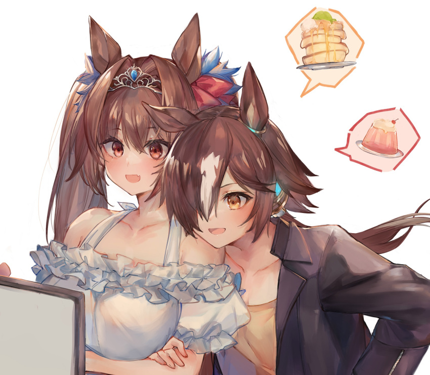 2girls :d animal_ears bangs bare_shoulders black_jacket blush breasts brown_eyes brown_hair brown_shirt cherry collarbone commentary_request crossed_arms daiwa_scarlet_(umamusume) eyebrows_visible_through_hair fang food frilled_shirt frills fruit hair_between_eyes hair_intakes hair_over_one_eye head_on_another's_shoulder highres horse_ears jacket large_breasts long_hair multicolored_hair multiple_girls off-shoulder_shirt off_shoulder open_clothes open_jacket open_mouth pancake pudding puffy_short_sleeves puffy_sleeves ryuuji_teitoku see-through shirt short_sleeves simple_background smile spoken_food stack_of_pancakes tiara twintails two-tone_hair umamusume upper_body very_long_hair vodka_(umamusume) white_background white_hair white_shirt