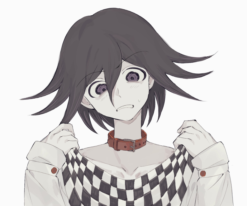 1boy animal_collar bangs black_eyes black_hair blush checkered checkered_scarf clenched_teeth collar collarbone dangan_ronpa_(series) dangan_ronpa_v3:_killing_harmony flipped_hair hair_between_eyes hands_up hhaharaa_(23454s) holding holding_clothes holding_scarf jacket long_sleeves male_focus ouma_kokichi pale_skin red_collar scarf scarf_removed short_hair simple_background sleeves_past_wrists solo sweatdrop teeth upper_body white_background white_jacket