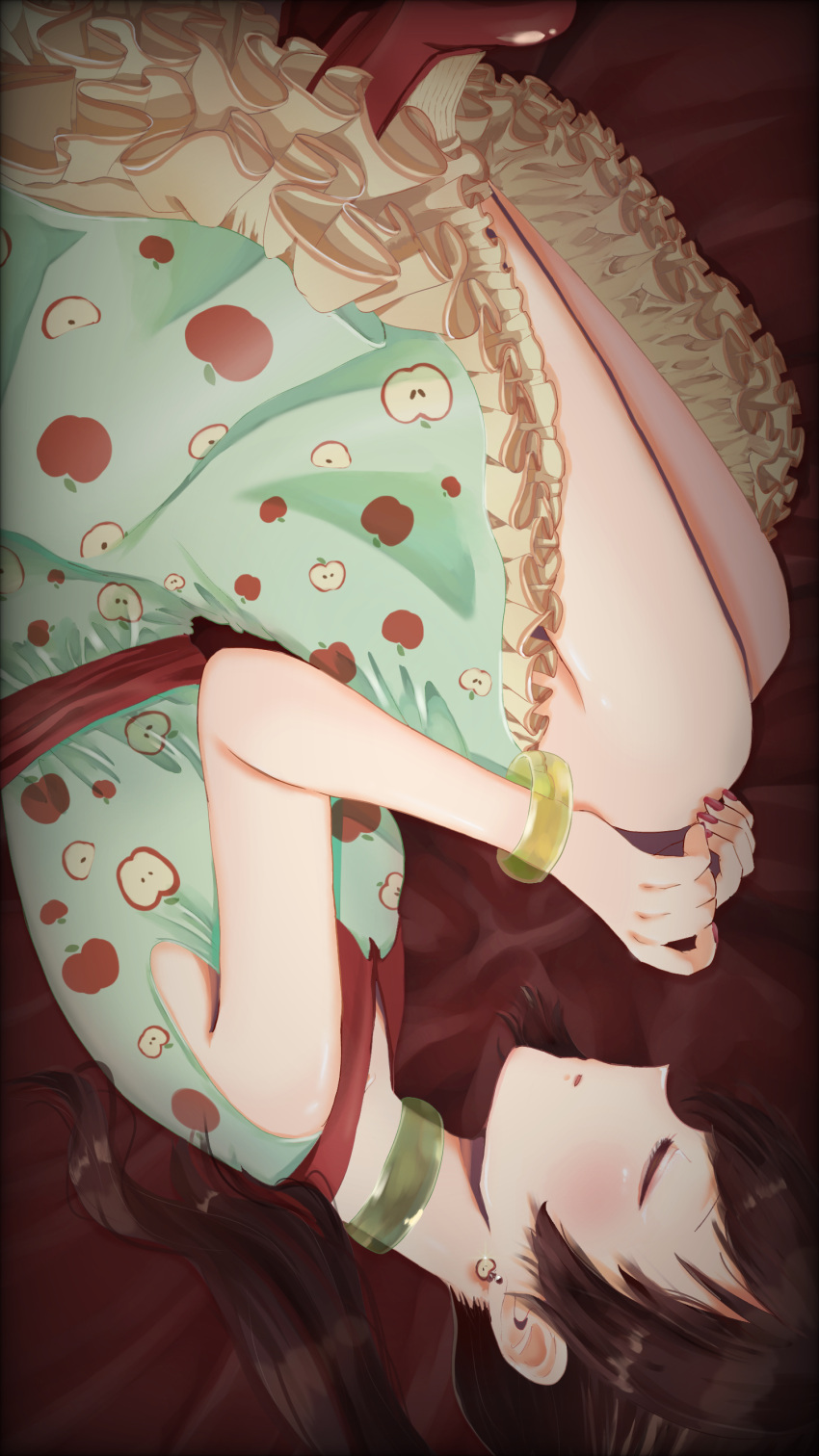 1girl absurdres apple_print bare_legs bed_sheet blush bracelet brown_hair closed_eyes dress earrings fetal_position frilled_dress frills green_dress hands_on_own_knees hands_together highres idolmaster idolmaster_cinderella_girls jewelry lying mikan_(mikan_paru) nail_polish neck_ring on_side ponytail profile red_footwear red_sheet sash sleeping sleeveless sleeveless_dress solo tsujino_akari upside-down